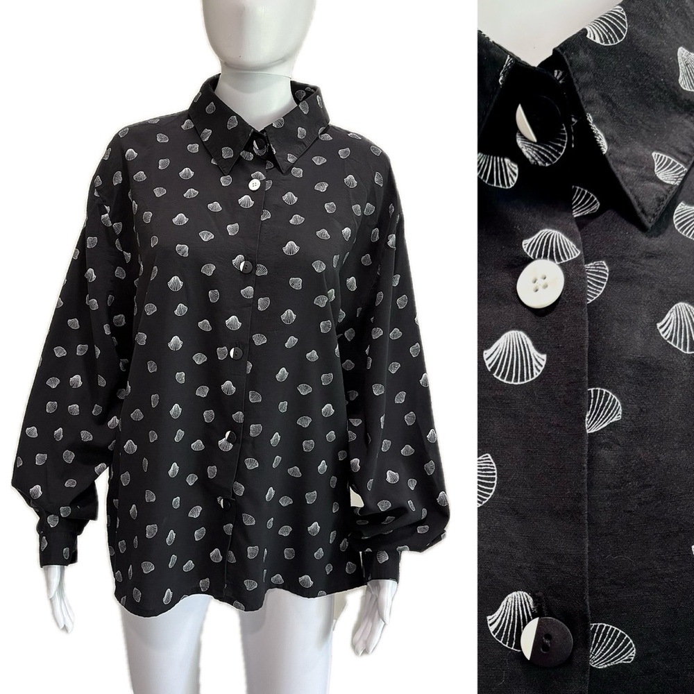 Seashell Beach Print Long Sleeve Shirt Womens Size Large Button Down Black White